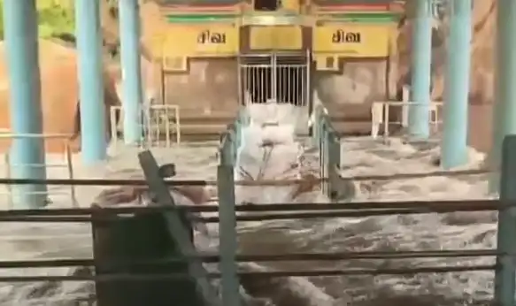 வெள்ளம் சூழ்ந்த அமணலிங்கேஸ்வரர் கோவில் பகுதி