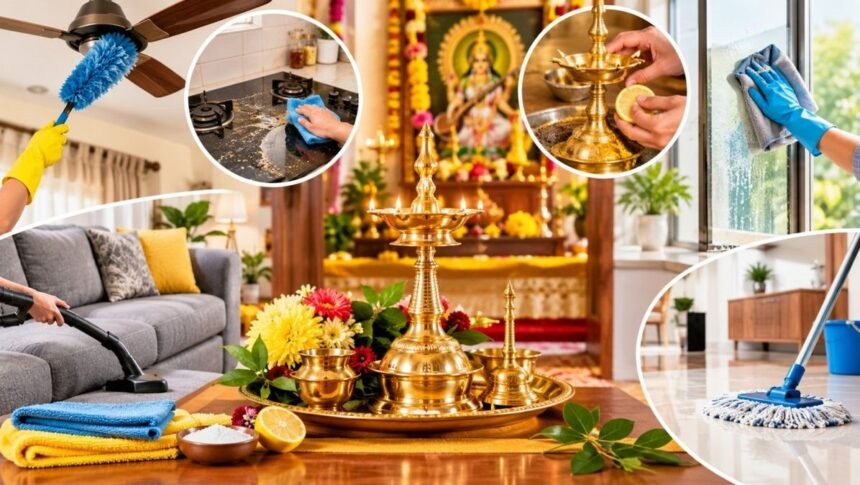 ஆயுத பூஜை பண்டிகைக்காக வீட்டை சுத்தம் செய்யும் பெண்