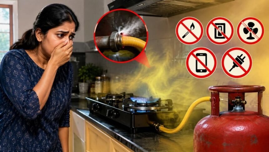 சமையல் எரிவாயு கசிவு ஏற்பட்டால் செய்ய வேண்டிய பாதுகாப்பு நடவடிக்கைகள் குறித்த விளக்கப்படம்