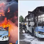 தீப்பிடித்து எரிந்து கொண்டிருக்கும் அரசு பேருந்து