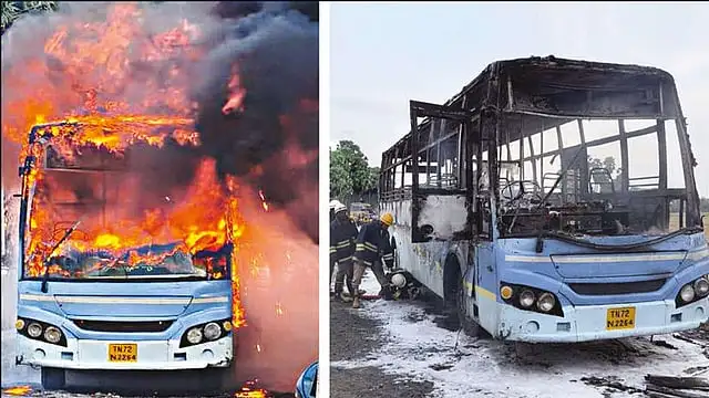 தீப்பிடித்து எரிந்து கொண்டிருக்கும் அரசு பேருந்து