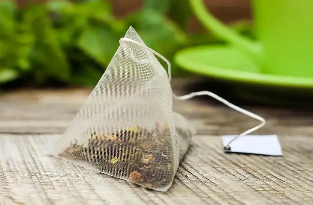 கிரீன் டீ கோப்பை மற்றும் கேமிலியா சினென்சிஸ் இலைகள்