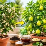 ஆரோக்கியமான எலுமிச்சைச் செடி, பூக்கள் மற்றும் காய்களுடன்