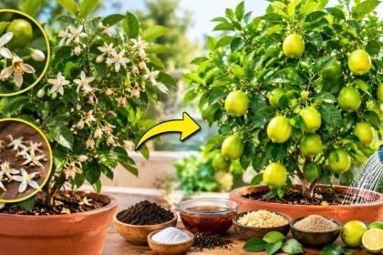 ஆரோக்கியமான எலுமிச்சைச் செடி, பூக்கள் மற்றும் காய்களுடன்