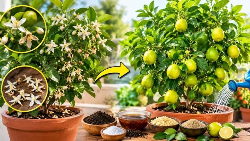 ஆரோக்கியமான எலுமிச்சைச் செடி, பூக்கள் மற்றும் காய்களுடன்