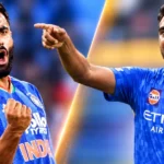 இந்திய கிரிக்கெட் வீரர் நமன் தீர் பந்துவீசும் காட்சி