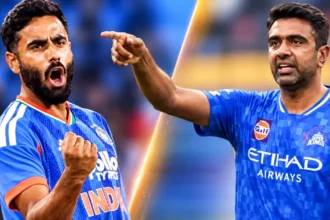 இந்திய கிரிக்கெட் வீரர் நமன் தீர் பந்துவீசும் காட்சி