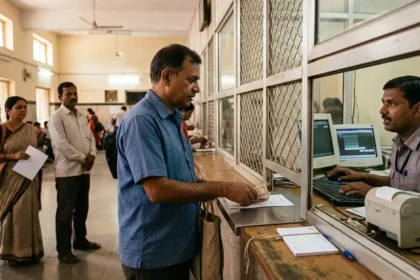 ரயில் நிலைய முன்பதிவு கவுண்டர் மற்றும் ரயில் பயணிகளை குறிக்கும் படம்