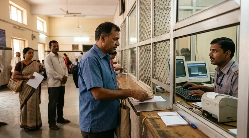 ரயில் நிலைய முன்பதிவு கவுண்டர் மற்றும் ரயில் பயணிகளை குறிக்கும் படம்