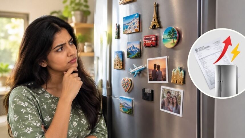 ஃப்ரிட்ஜ் கதவில் ஒட்டப்பட்டிருக்கும் மேக்னட்டுகள்