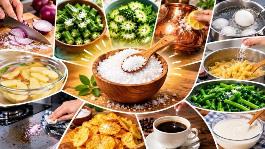 பல்வேறு வீட்டு உபயோகப் பொருட்களுடன் உப்பு