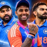 சூர்யகுமார் யாதவ், விராட் கோலி மற்றும் ரோஹித் சர்மா கிரிக்கெட் வீரர்கள்