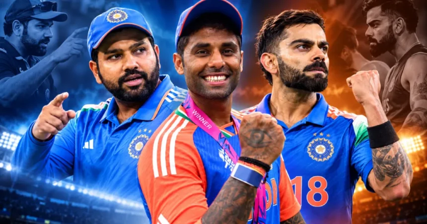 சூர்யகுமார் யாதவ், விராட் கோலி மற்றும் ரோஹித் சர்மா கிரிக்கெட் வீரர்கள்
